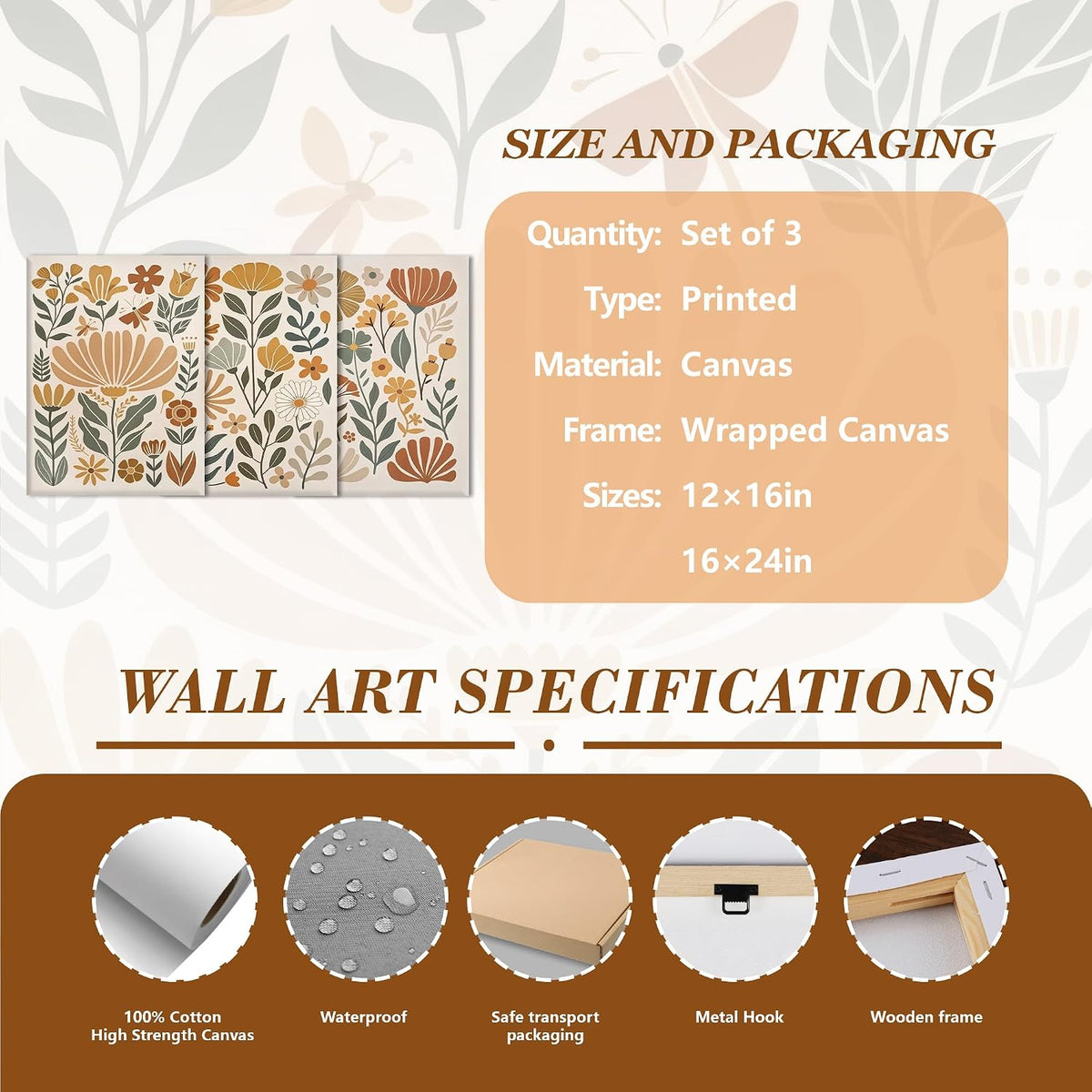 3Pcs Boho Abstract Floral Wall Art Minimalist WildFlower Wall Decor Pictures Modern Botanical Warm Earthy Tones Canvas Posters Prints for Living Room Bedroom Office Home Decoration 12x16in Unframed