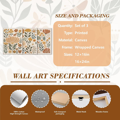 3Pcs Boho Abstract Floral Wall Art Minimalist WildFlower Wall Decor Pictures Modern Botanical Warm Earthy Tones Canvas Posters Prints for Living Room Bedroom Office Home Decoration 12x16in Unframed