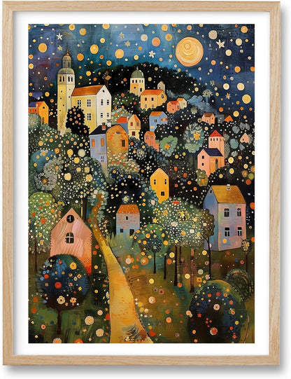 HesenDot Gustav Klimt Moon Stars Natural OAK Wood Framed Wall Art,12x16in