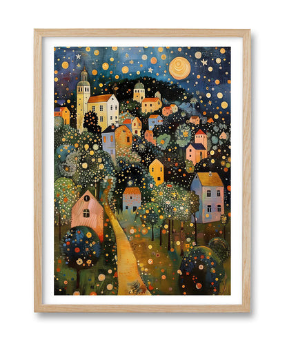 HesenDot Gustav Klimt Moon Stars Natural OAK Wood Framed Wall Art,12x16in