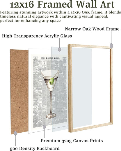 EcoHest 12x16 in Martini Newspaper Framed Wall Art for Bar Cart