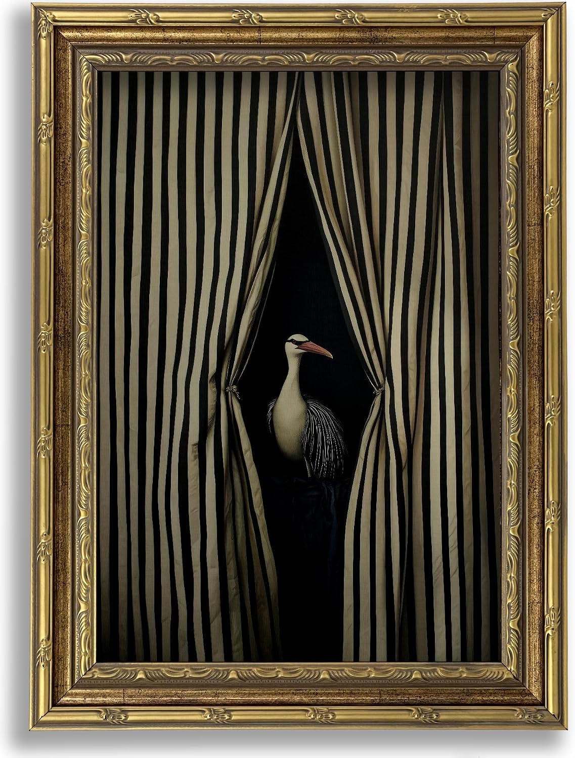 Vintage Gold Framed Moody Crane Canvas Wall Art