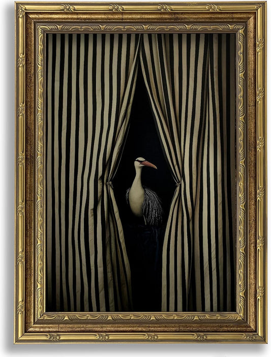 Vintage Gold Framed Moody Crane Canvas Wall Art