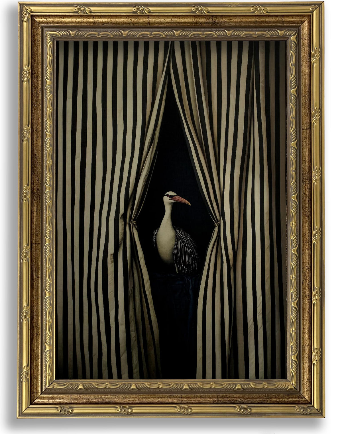 Vintage Gold Framed Moody Crane Canvas Wall Art