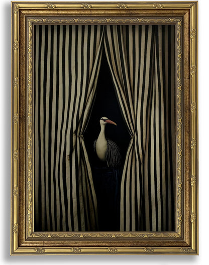 Vintage Gold Framed Moody Crane Canvas Wall Art