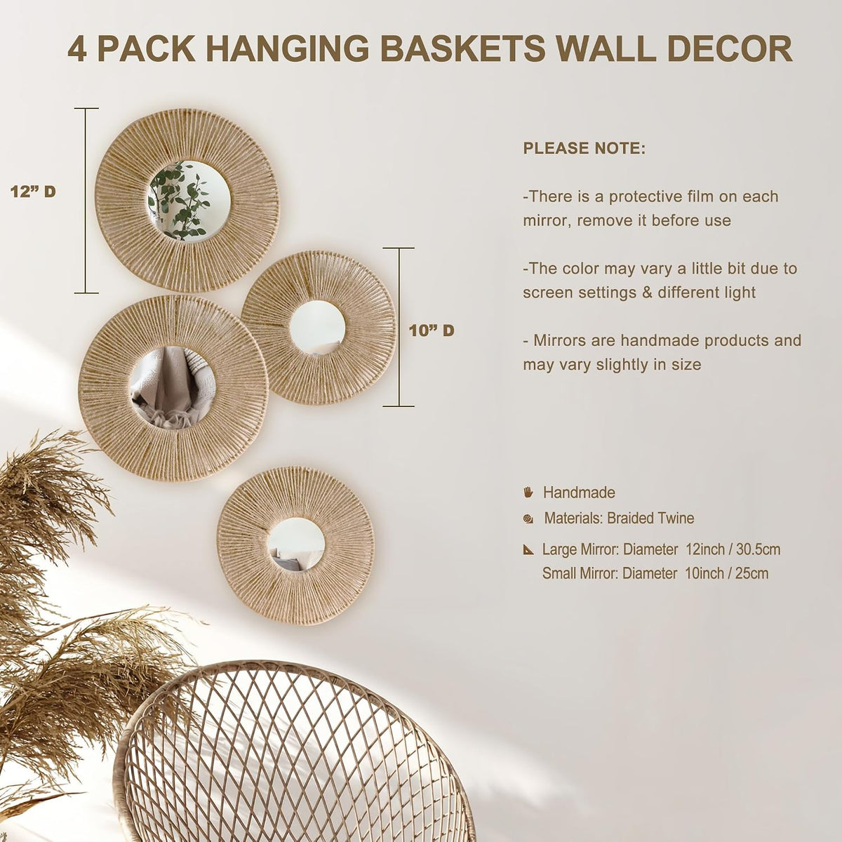 Artilady Hanging Baskets Wall Art with Mirror, 4Pcs Boho Coastal Wall Decor