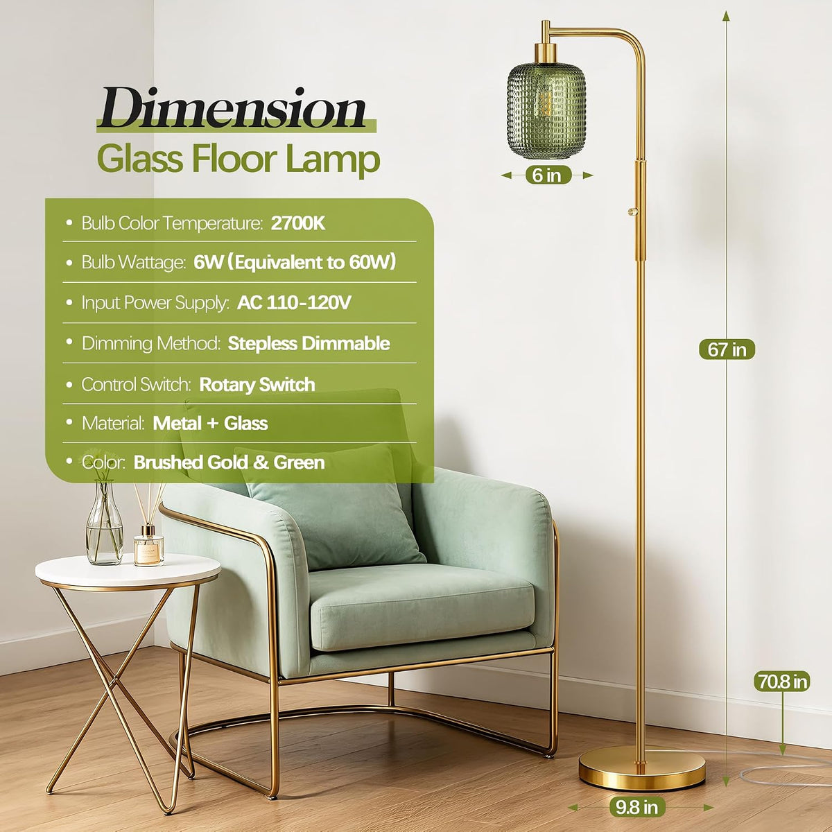 Modern Gold Green Floor Lamps for Living Room, 67" Bedroom Standing Lamp