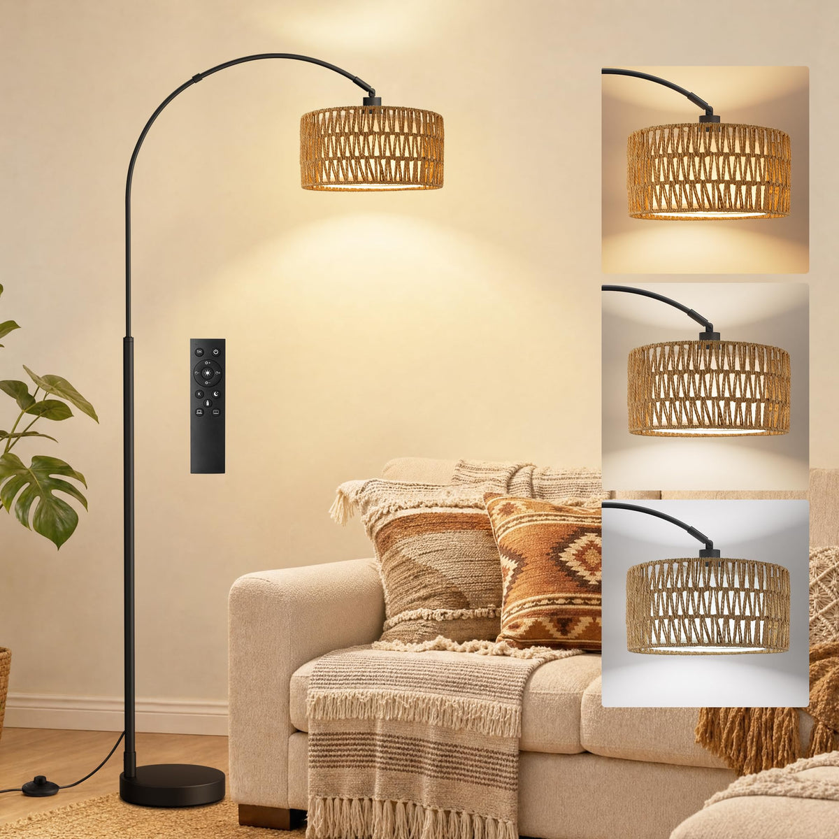 Ambimall Boho Arc Floor Lamp, Color Temperatures and Brightness Adjustable
