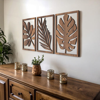 qmmp Modern Wooden Wall Sculptures - Set of 3 - Home Decor Accent - Large Wall Art for Living Room, Bedroom, Office - Easy Installation (Oak, Medium - Mountain and Sun)