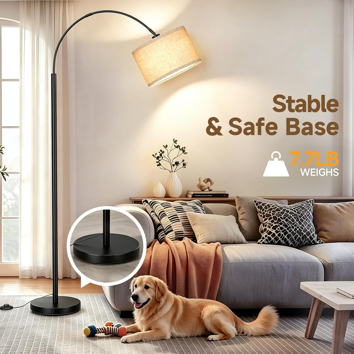 Arc Floor Lamps for Living Room, Black Standing Lamp with Linen Shade