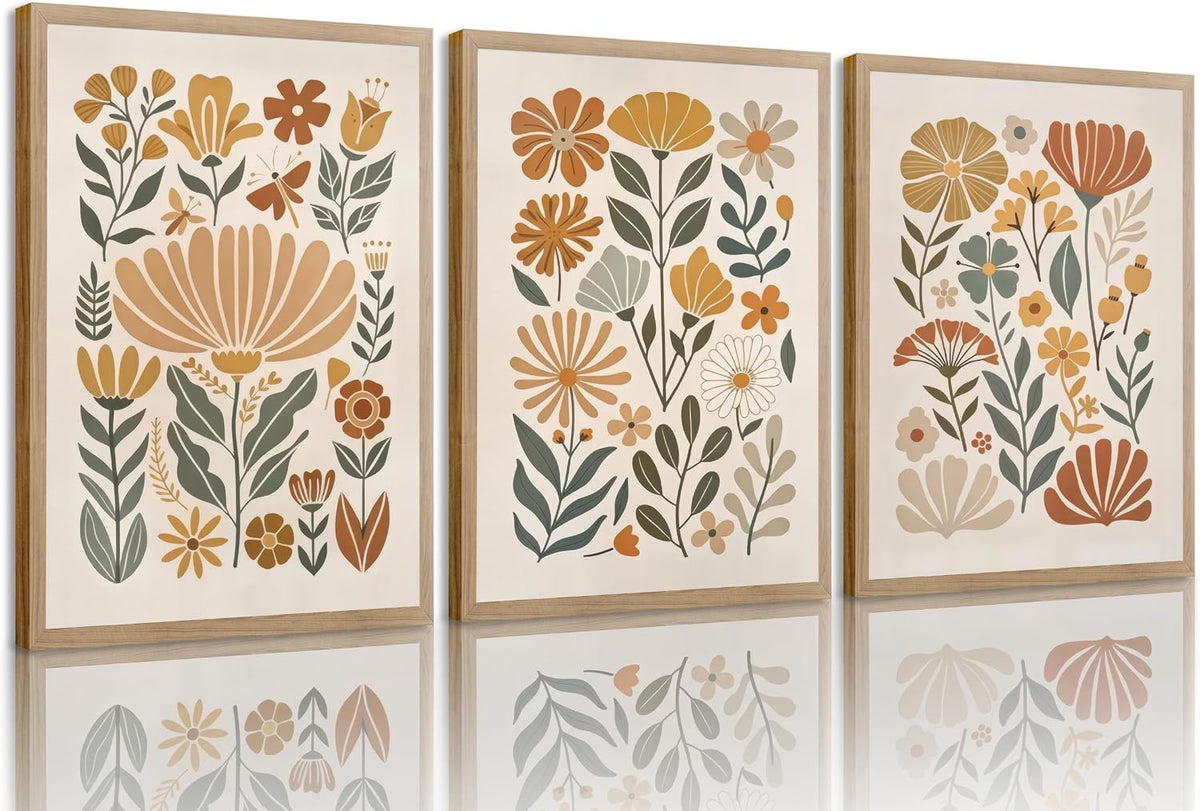 3Pcs Boho Abstract Floral Wall Art Minimalist WildFlower Wall Decor Pictures Modern Botanical Warm Earthy Tones Canvas Posters Prints for Living Room Bedroom Office Home Decoration 12x16in Unframed