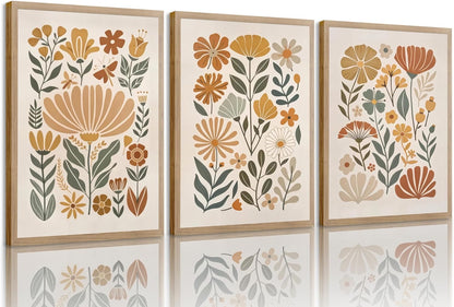 3Pcs Boho Abstract Floral Wall Art Minimalist WildFlower Wall Decor Pictures Modern Botanical Warm Earthy Tones Canvas Posters Prints for Living Room Bedroom Office Home Decoration 12x16in Unframed
