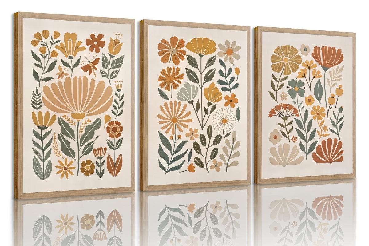 3Pcs Boho Abstract Floral Wall Art Minimalist WildFlower Wall Decor Pictures Modern Botanical Warm Earthy Tones Canvas Posters Prints for Living Room Bedroom Office Home Decoration 12x16in Unframed