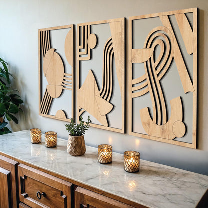 qmmp Modern Wooden Wall Sculptures - Set of 3 - Home Decor Accent - Large Wall Art for Living Room, Bedroom, Office - Easy Installation (Oak, Medium - Mountain and Sun)