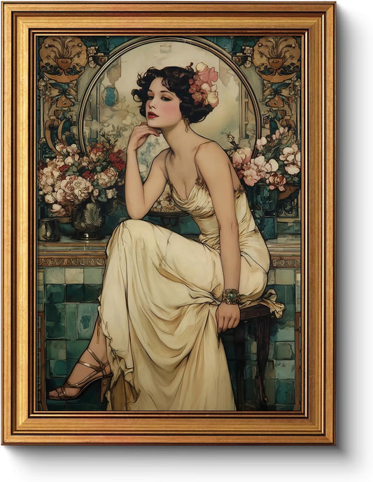 WHASAYART Vintage Woman Flower Painting with Gold Frame Wall Art 12x16 Inch, Retro 1920s Girl Painting Soft Pastel Tones Elegant Floral Background Art Print, Classic Living Room Bedroom Home Decor