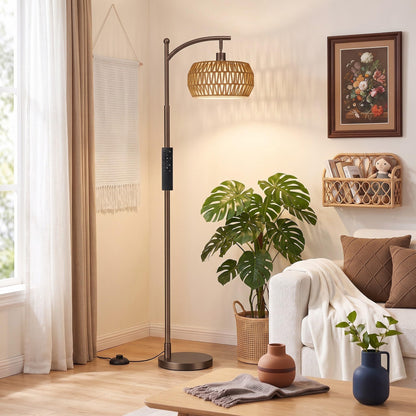 Ambimall Arc Floor Lamp with Remote & Rattan Double Shades, Black Rustic