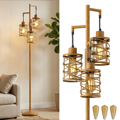 Oneach 66" Gold Floor Lamp for Living Room, Boho Floor Lamp with LED Bulb, Foot Switch, Rattan Shade, Industrial Tall Farmhouse Standing Lamp for Bedroom, Dining Room, Study Room, Office