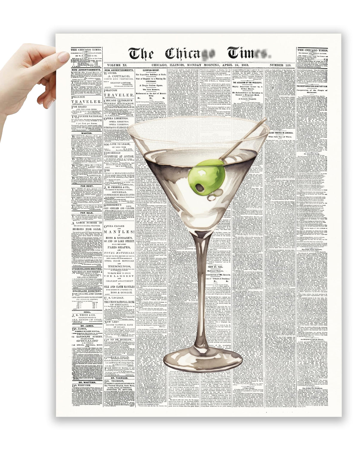 EcoHest 12x16 in Martini Newspaper Framed Wall Art for Bar Cart