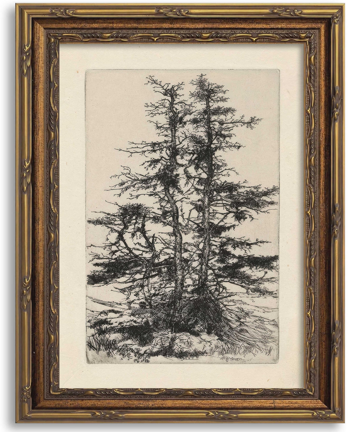 Gold Framed Sepia Lake Landscape Wall Art, Vintage Canvas Print 12x16