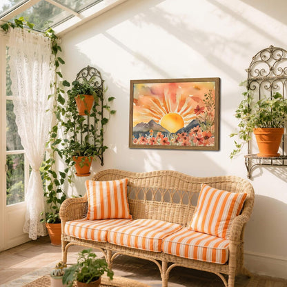 Framed Sunset Boho Wall Art for Living Room - Modern Abstract Floral Canvas Picture Boho Wall Decor, Sun Landscape Aesthetic Painting Poster Prints for Bedroom Home Office 12x16 inch