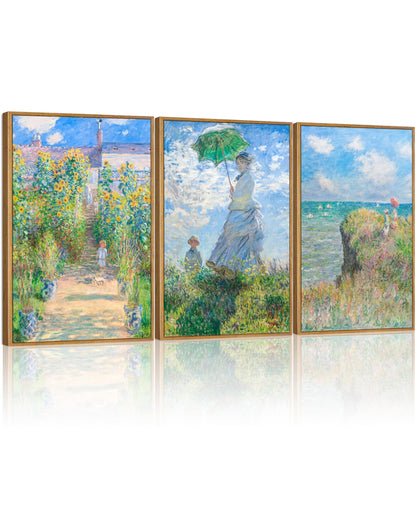 HesenDot Framed Claude Monet Water Lilies Canvas Wall Art Set of 3 12x16in