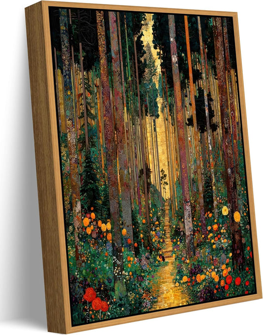 Floating Framed Gustav Klimt Forest Path Canvas Wall Art, Boho Floral Trees Print Poster, Colorful Abstract Nature Wall Decor Picture, for Modern Living Room and Bedroom Home Decoration, 8x10in
