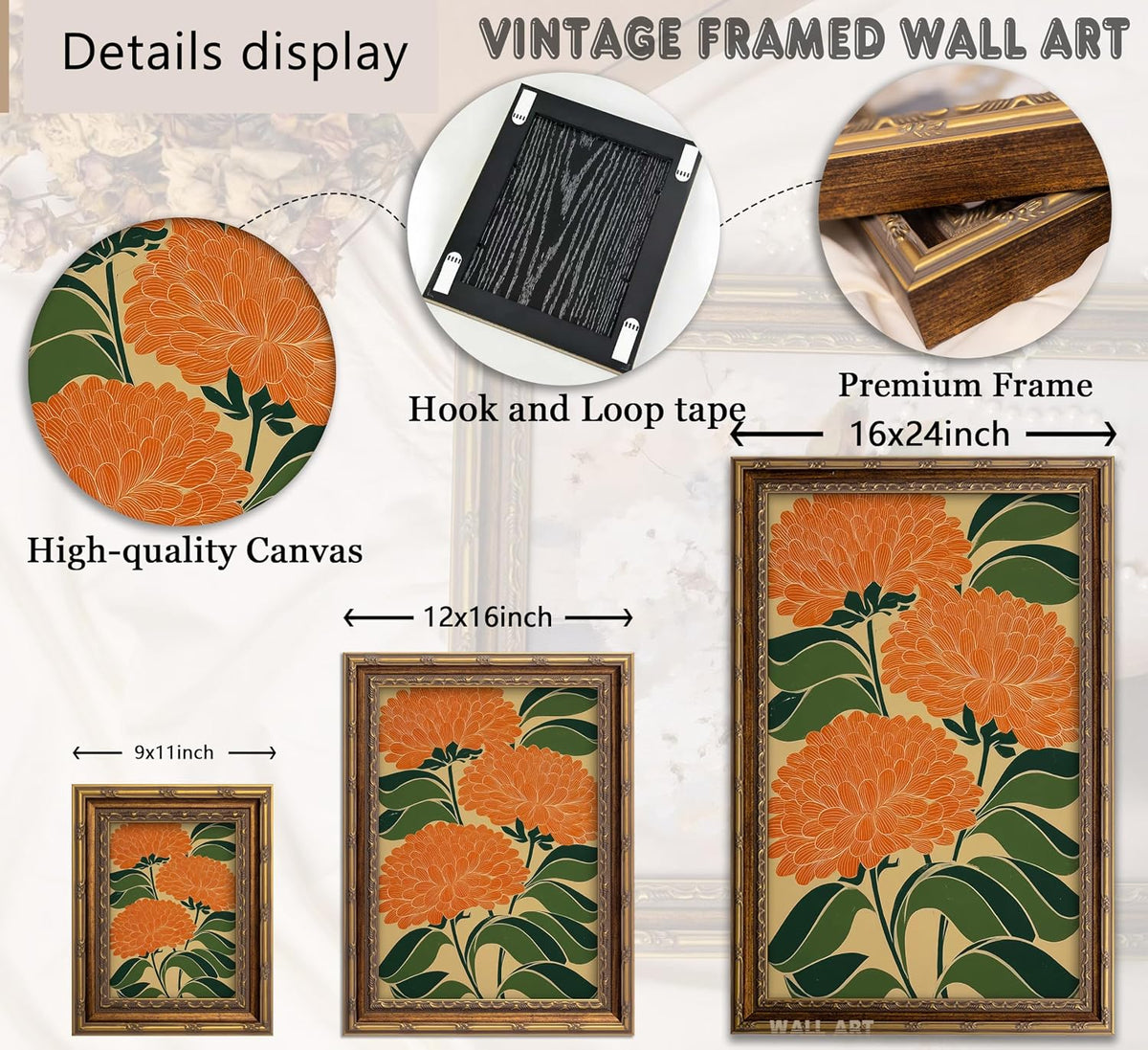 SKZMBTI Vintage Gold Framed Flowers Wall Art Orange blossom Painting Prints