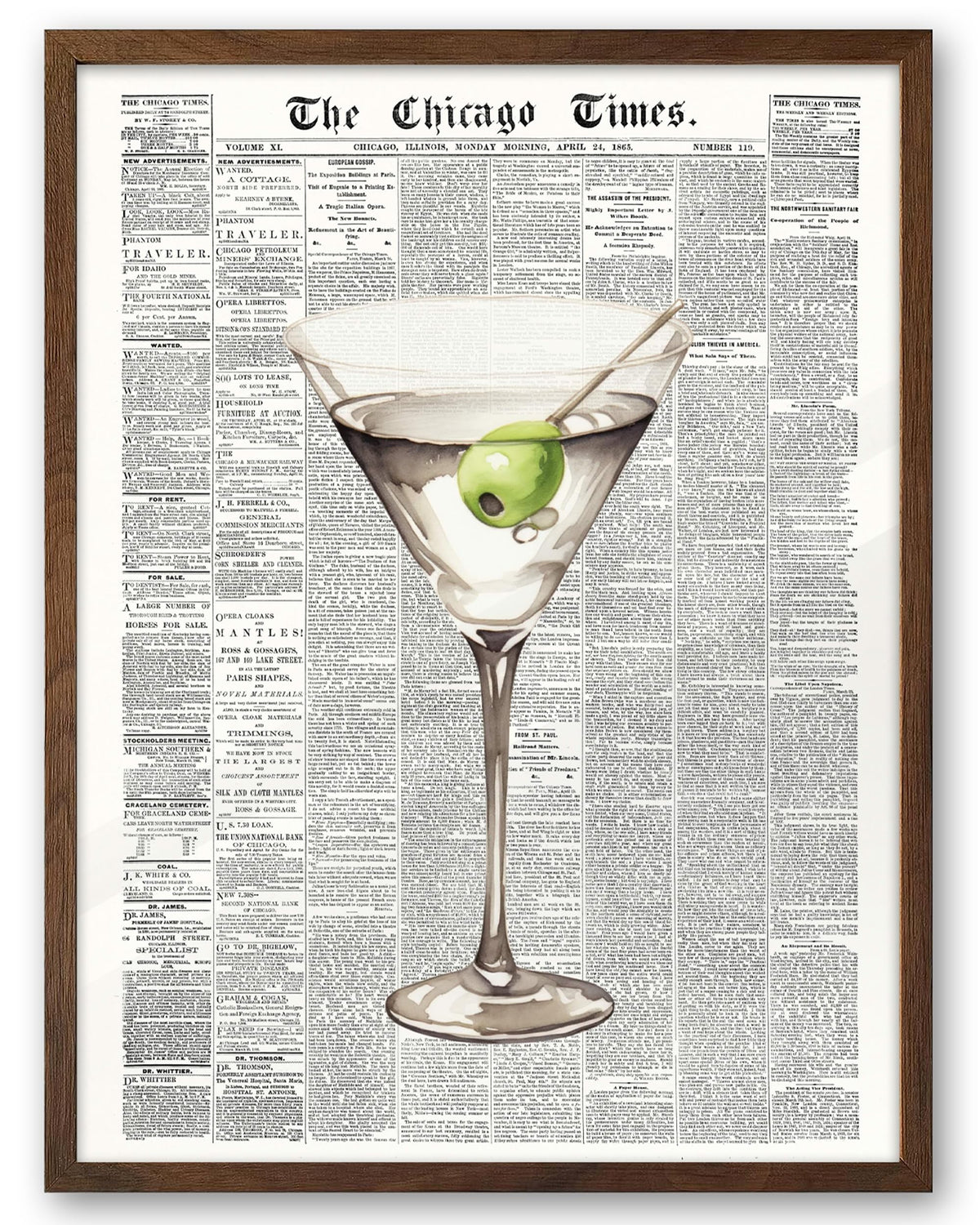 EcoHest 12x16 in Martini Newspaper Framed Wall Art for Bar Cart