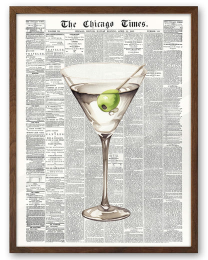 EcoHest 12x16 in Martini Newspaper Framed Wall Art for Bar Cart