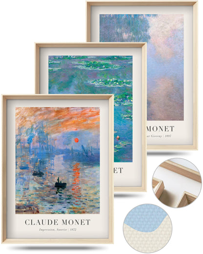 HesenDot Framed Claude Monet Water Lilies Canvas Wall Art Set of 3 12x16in