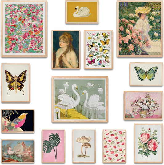 LANCHI95 15 Pcs Maximalist Gallery Wall, Colorful Eclectic Decor, Colorful Art, Girls Room, Vintage Wall Art Prints, Moody Maximalist Bedroom Decorations (UNFRAMED)