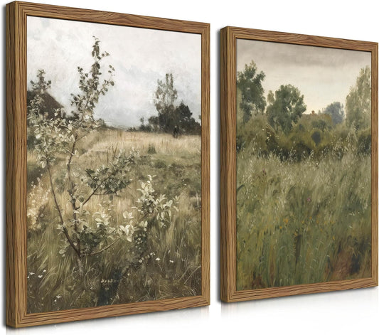 Vintage Landscape Wall Art Set of 2, Green Natural Wilderness Farmhouse Canvas Wall Decor Paintings, Retro Country Wildflower Oil Pictures Posters Prints for Living Room Bedroom 12x16 Inch Wood Framed