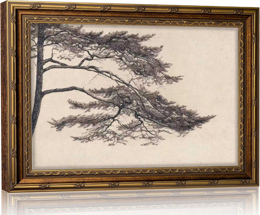 Vexlynora Vintage Gold Framed Pine Tree Sketch Framed Wall Art - Classical Naturalist Rustic Farmhouse Canvas Wall Decor Black and White Pine Tree Artwork for Living Room Bedroom Office 9X11in