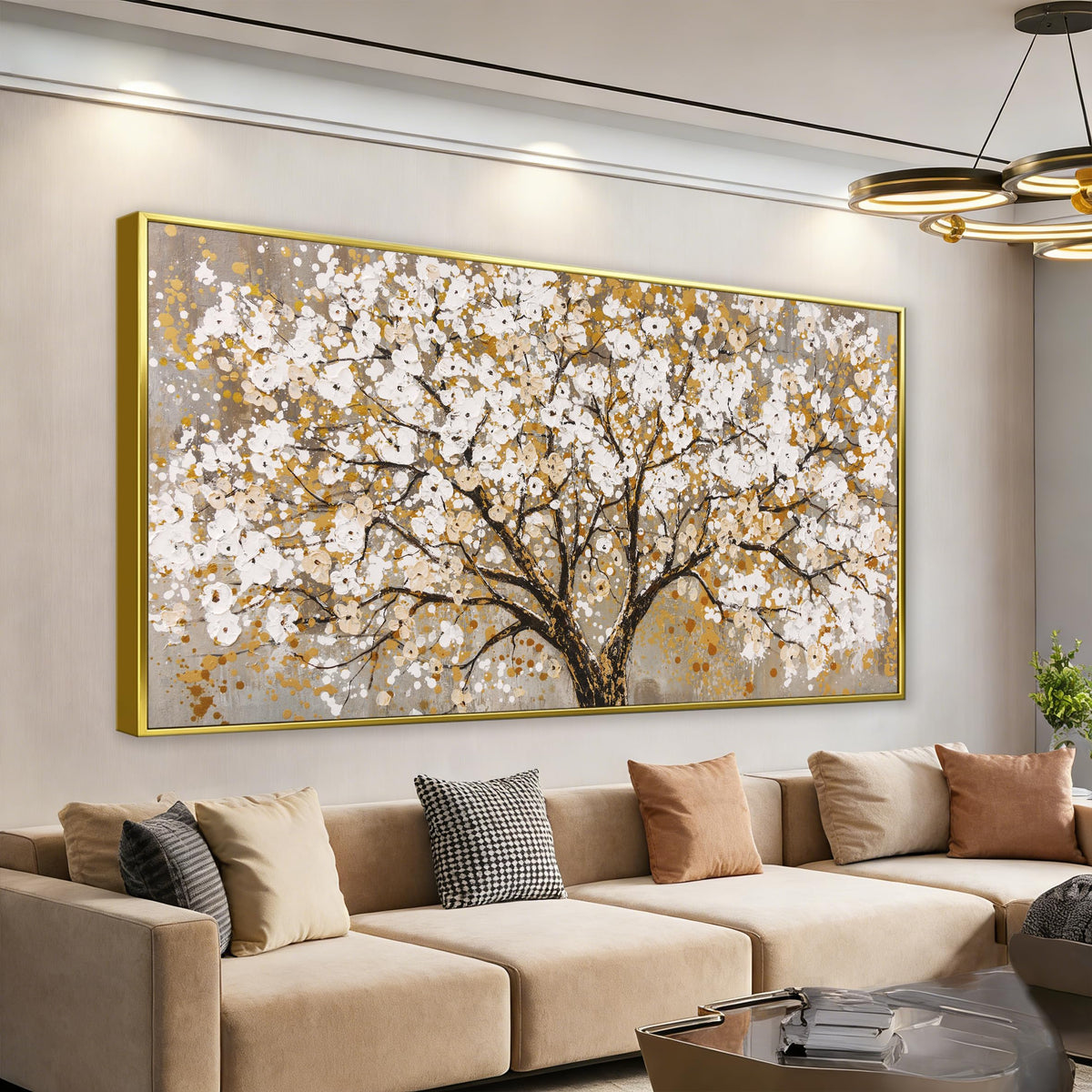Framed Gold Wall Art for Living Room Tree Of Life Painting Picture 24x48 ln