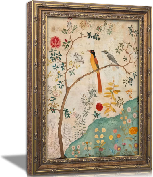 Gold Framed Vintage Plant Bird Canvas Wall Art Medieval Nature Aesthetic Flower Sparrow Painting Picture Wall Decor Colorful Birds And Flowers Poster Print Artwork for Bedroom Living Home Decoration