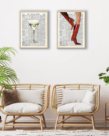 EcoHest 12x16 in Martini Newspaper Framed Wall Art for Bar Cart