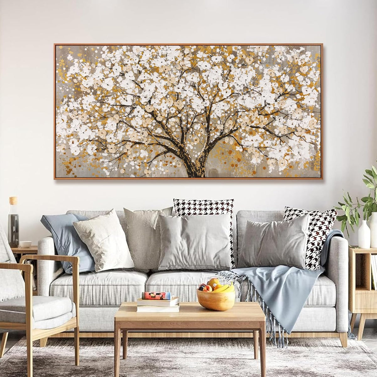 Framed Gold Wall Art for Living Room Tree Of Life Painting Picture 24x48 ln