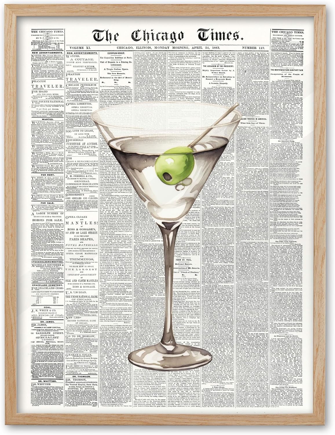 EcoHest 12x16 in Martini Newspaper Framed Wall Art for Bar Cart