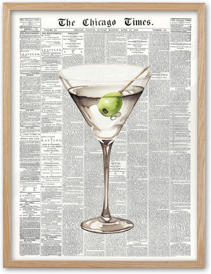 EcoHest 12x16 in Martini Newspaper Framed Wall Art for Bar Cart