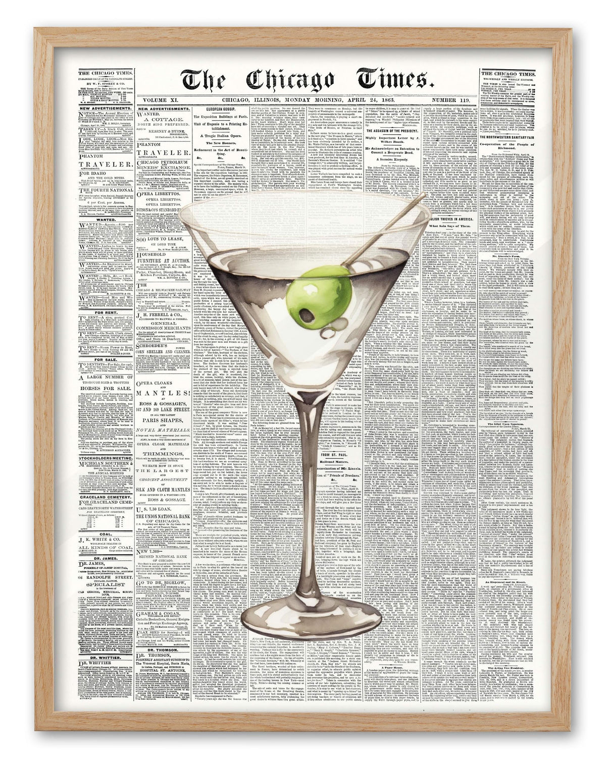 EcoHest 12x16 in Martini Newspaper Framed Wall Art for Bar Cart