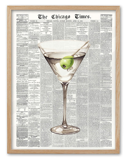 EcoHest 12x16 in Martini Newspaper Framed Wall Art for Bar Cart