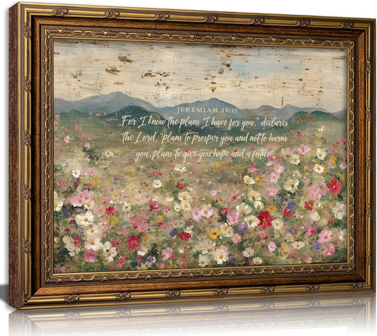Vintage Gold Framed Christian Floral Scripture Wall Art,Retro Bible Verse Wildflower Landscape Canvas Painting Picture Wall Decor,Jeremiah Religious Faith Poster Print Artwork,for Living Room,